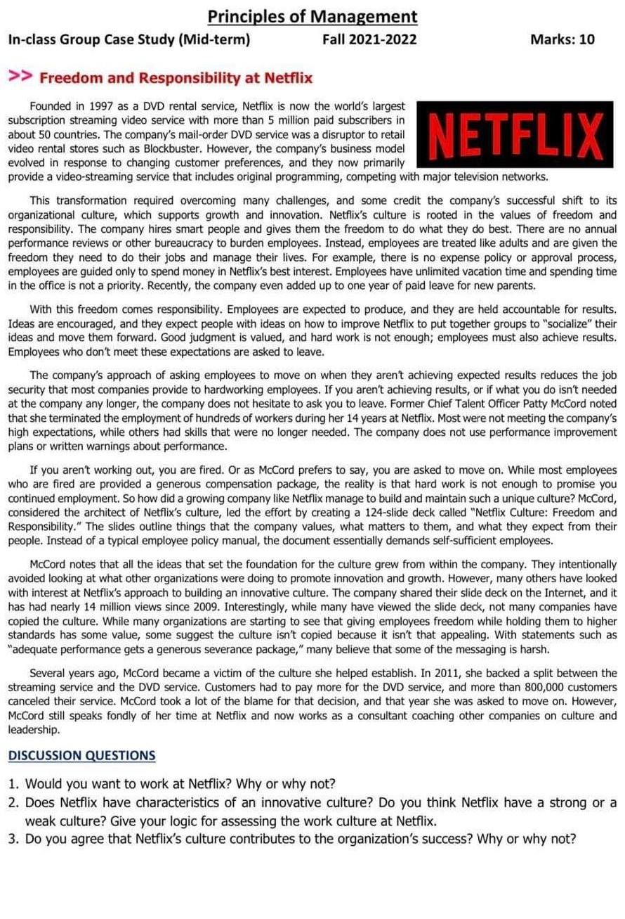 Principles of Management In-class Group Case