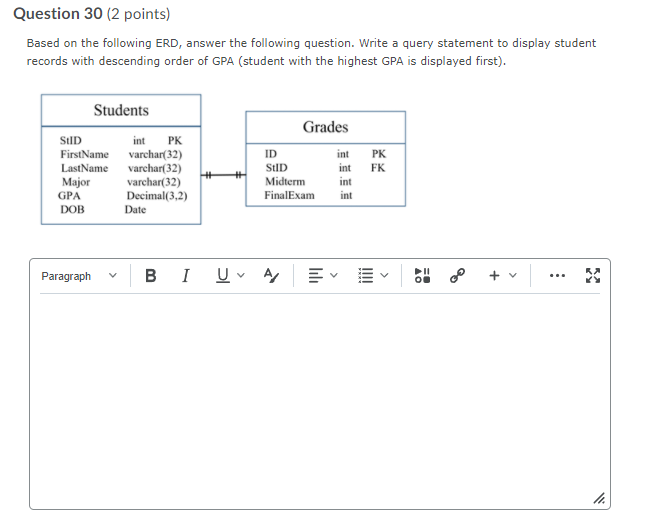 Question 30 (2 points) Based on the following
