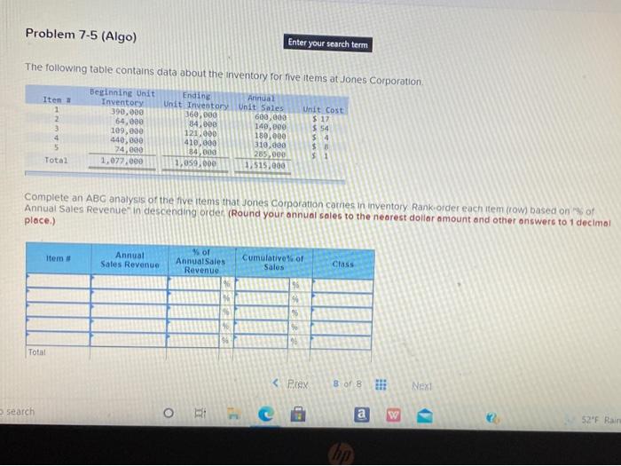Problem 7-5 (Algo) Enter your search term The
