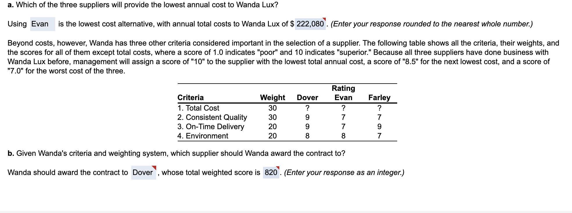 Wanda Lux must select a supplier for a plastic