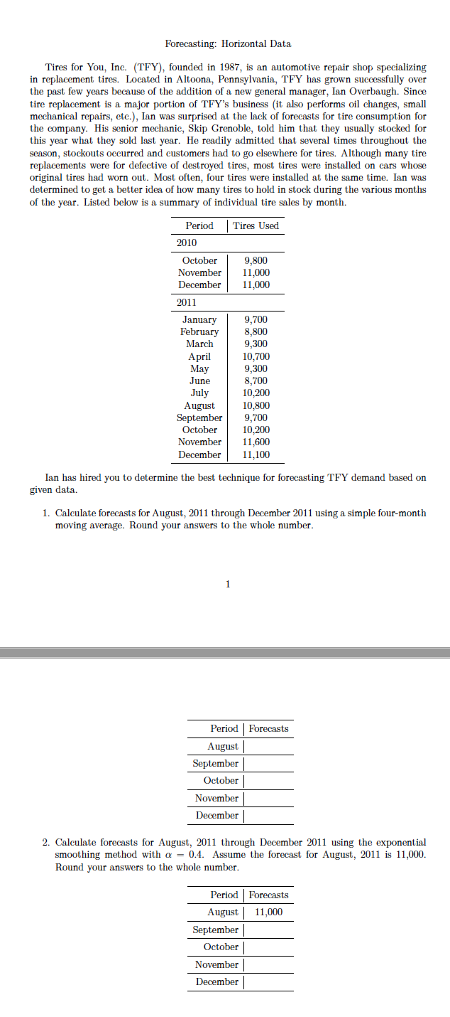Forecasting: Horizontal Data Tires for You, Inc.