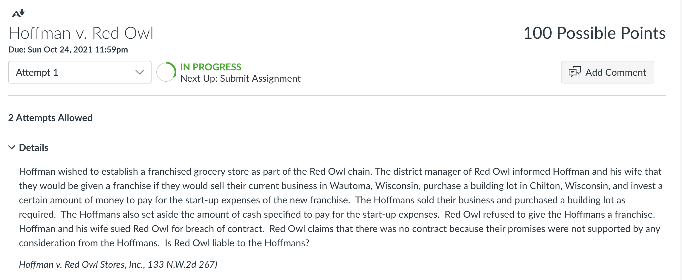 A Hoffman v. Red Owl Due: Sun Oct 24, 2021