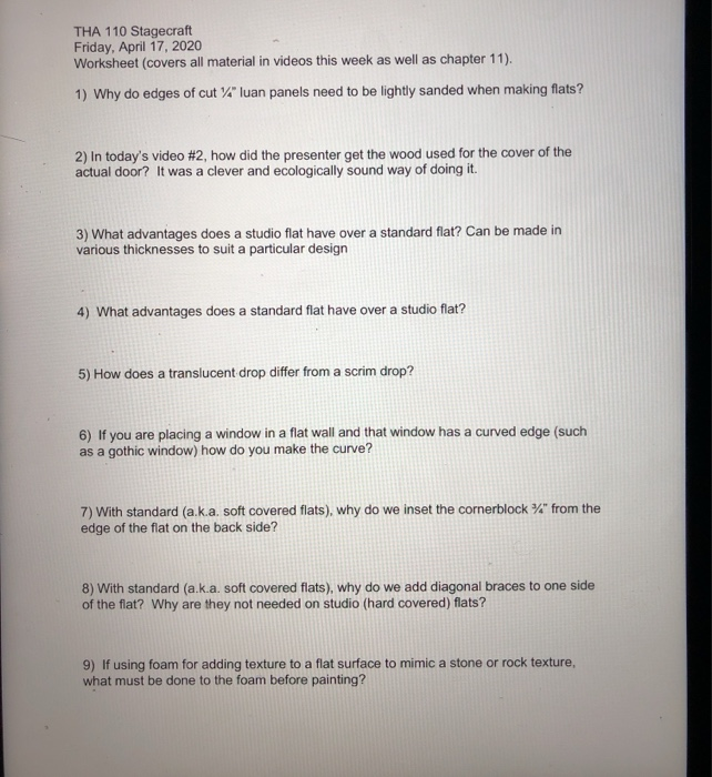 THA 110 Stagecraft Friday, April 17, 2020