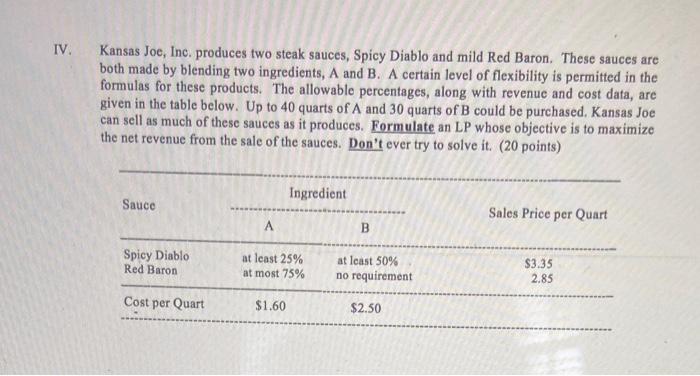 IV. Kansas Joe, Inc. produces two steak sauces,