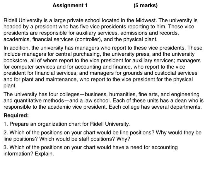 Assignment 1 (5 marks) Ridell University is a