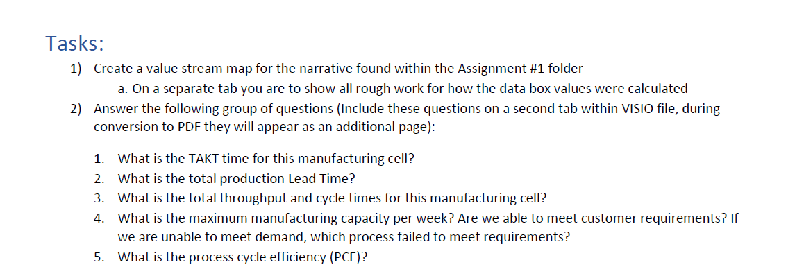 Tasks: 1) Create a value stream map for the