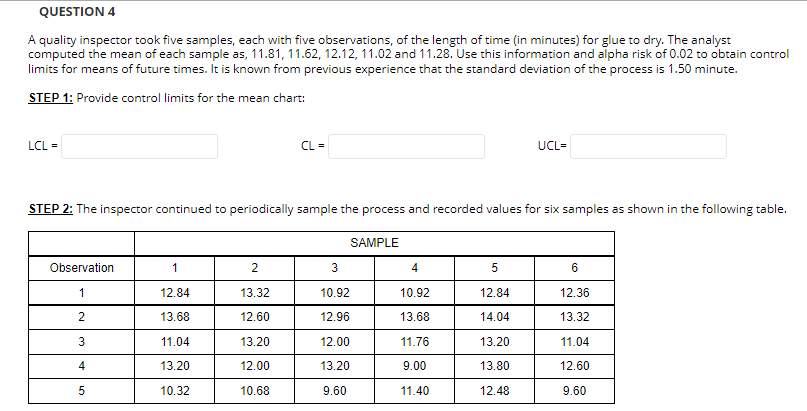 QUESTION 4 A quality inspector took five samples,