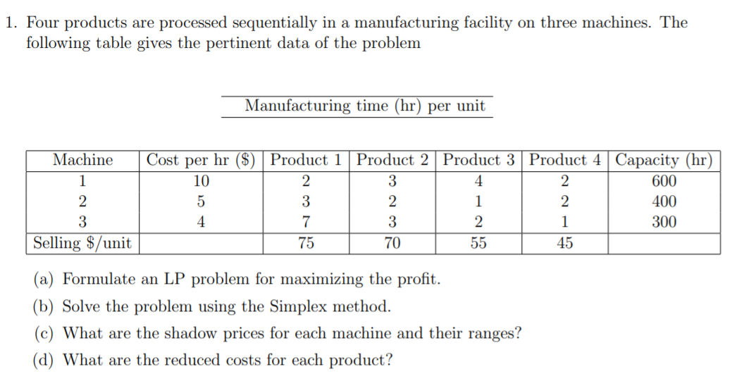 1. Four products are processed sequentially in a