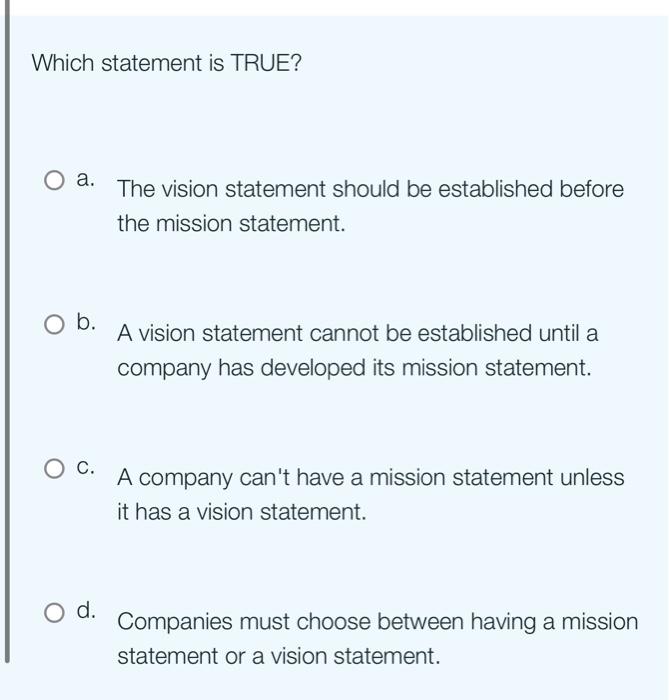 Which statement is TRUE? a. The vision statement