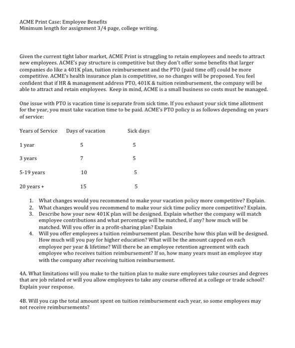 ACME Print Case: Employee Benefits Minimum length