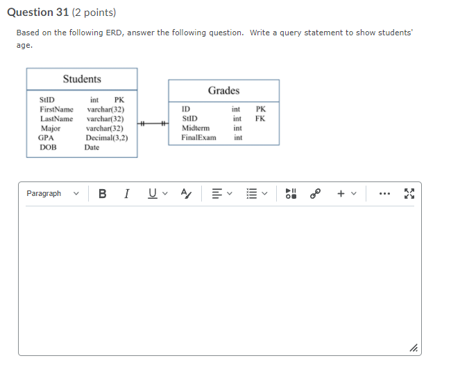 Question 31 (2 points) Based on the following