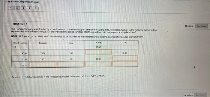 Question Completion Status 2 3 4 5 16 points