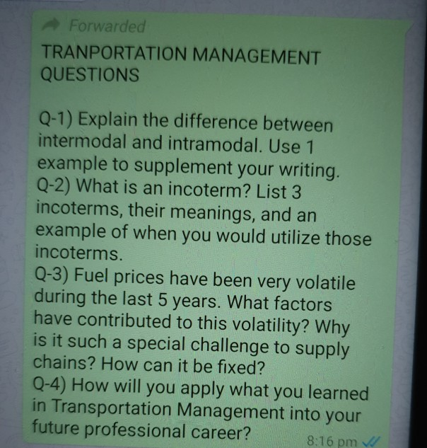 Forwarded TRANPORTATION MANAGEMENT QUESTIONS Q-1)