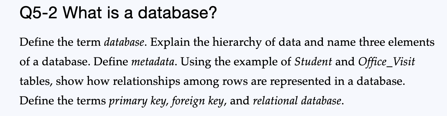 Q5-2 What is a database? Define the term