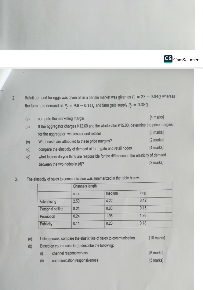 2. Retail demand for eggs was given as in a
