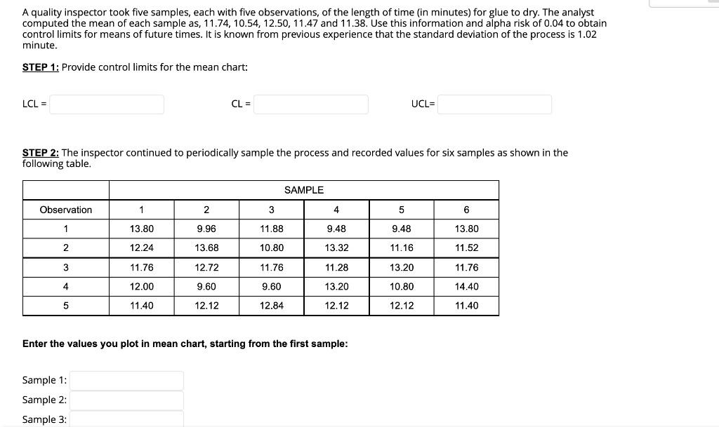 A quality inspector took five samples, each with
