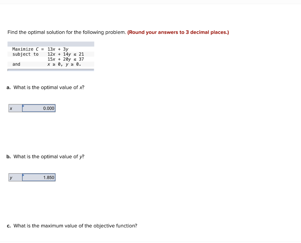 Find the optimal solution for the following