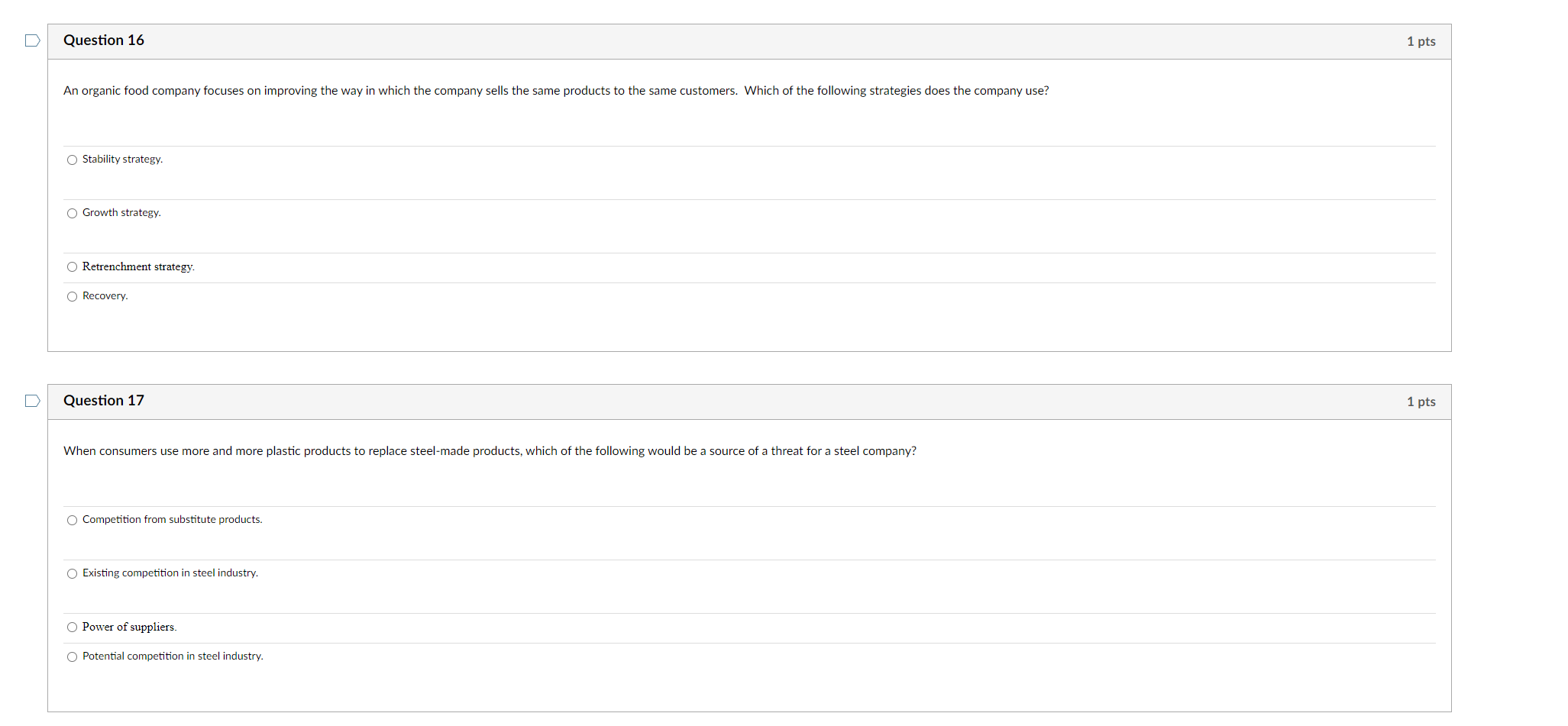 Stability strategy. Growth strategy. Retrenchment