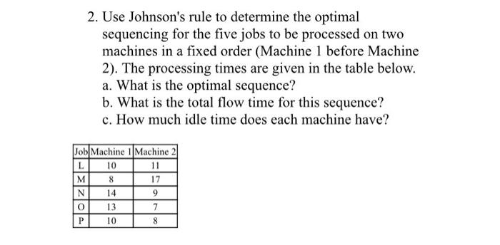 2. Use Johnson's rule to determine the optimal