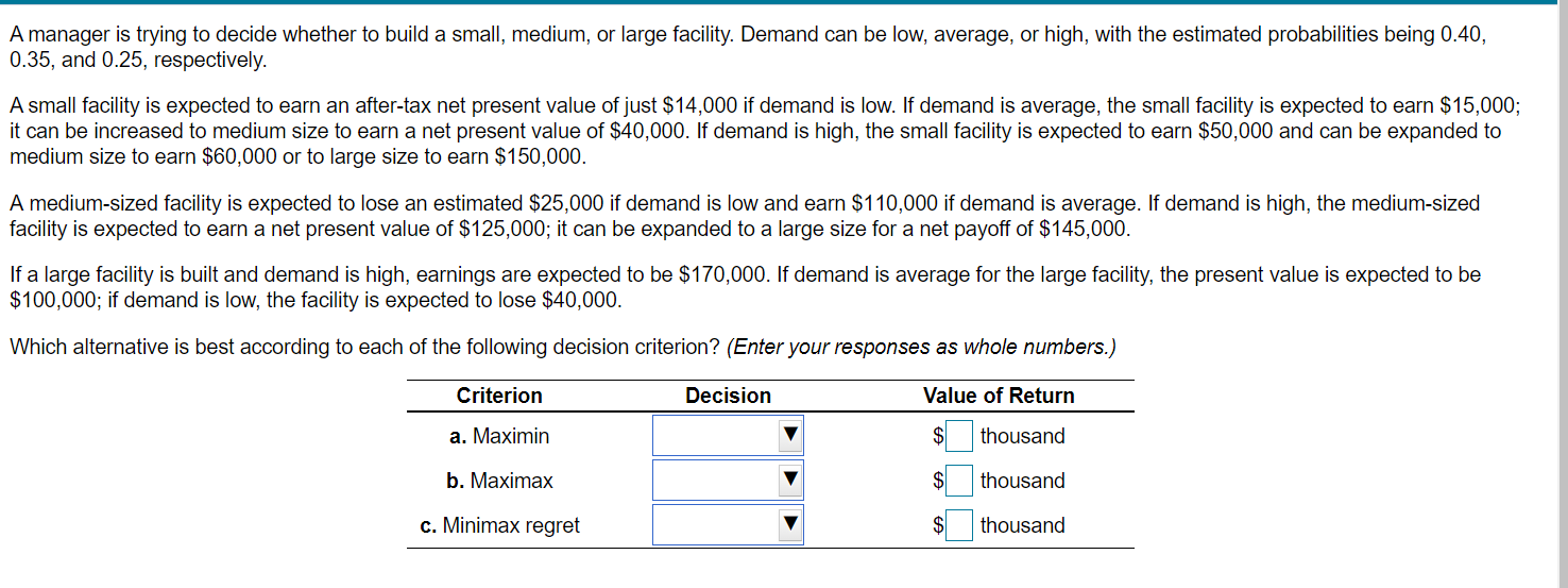 A manager is trying to decide whether to build a