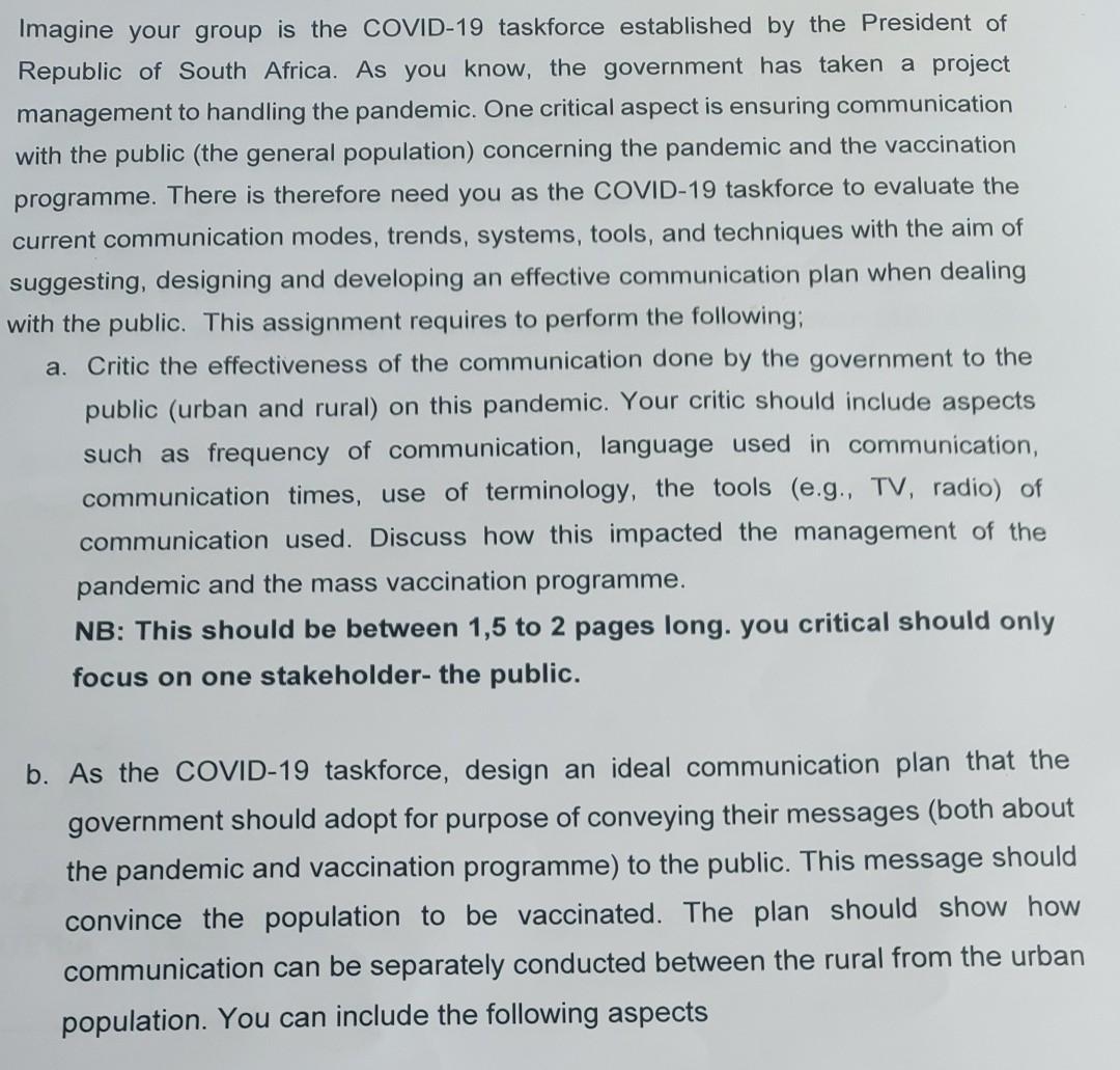 Imagine your group is the COVID-19 taskforce