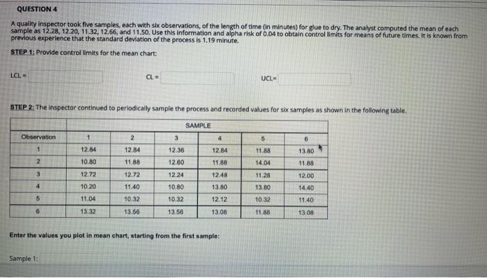 QUESTION 4 A quality inspector took five samples,