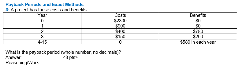 i need step wise solution: Benefits $0 Payback