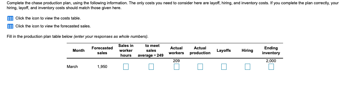 Complete the chase production plan, using the