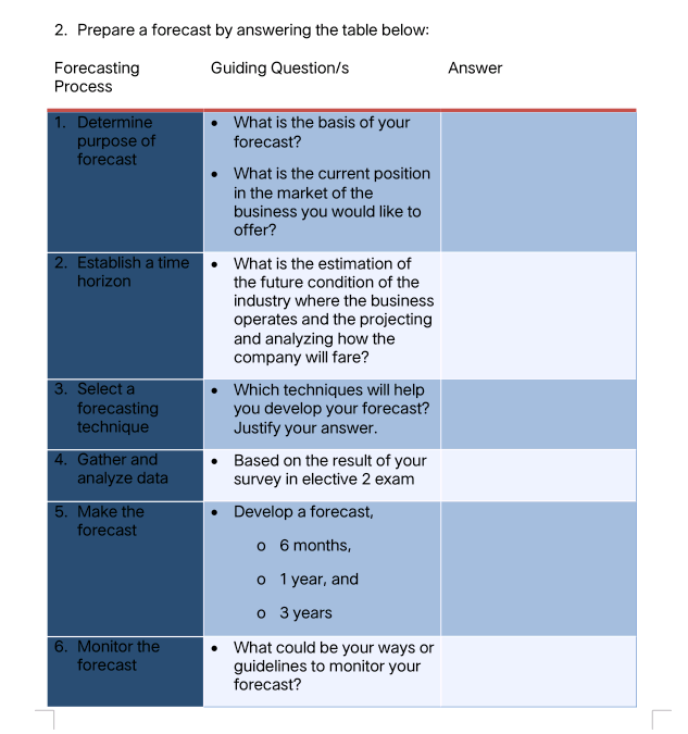 2. Prepare a forecast by answering the table