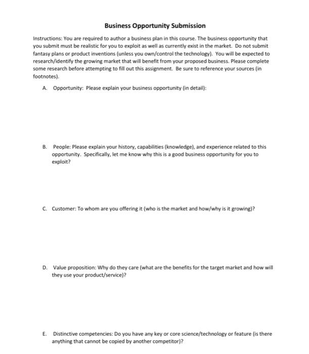 Business Opportunity Submission Instructions: You