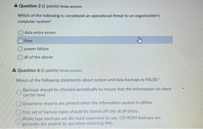 Q2/6/9 please A Question 2 (2 points) Retake