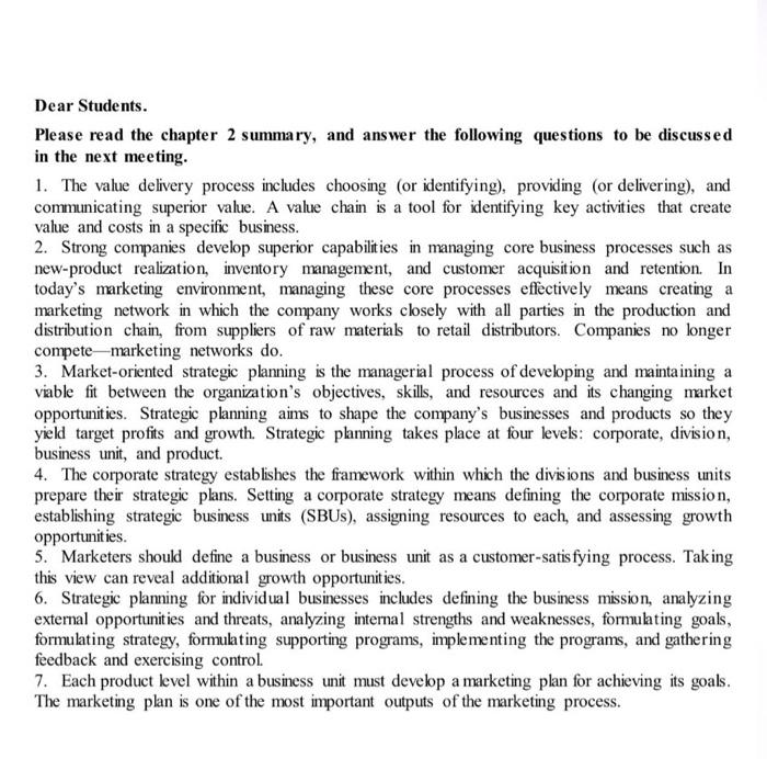 Dear Students. Please read the chapter 2 summary,