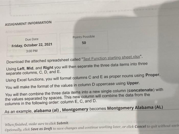 ASSIGNMENT INFORMATION Points Possible 50 Due