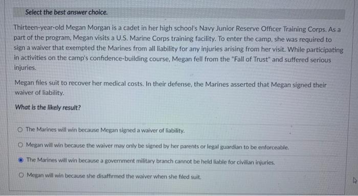 Select the best answer choice. In contract law,