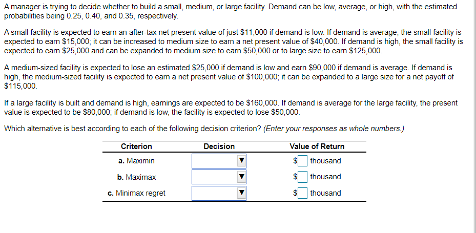 Amanager is trying to decide whether to build a