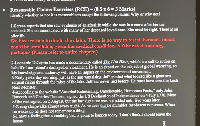 Reasonable Claims Exercises (RCE)-(0.5 x 6 = 3