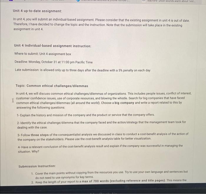 Unit 4 up-to-date assignment: In unit 4 , you