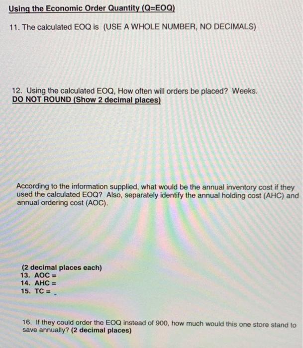 Economic Order Quantity Exercise (30 Points) SCM