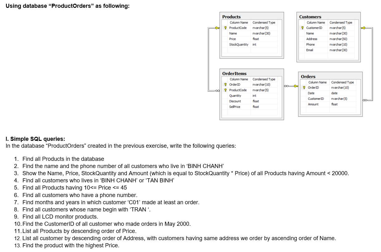 DATABASE Using database "ProductOrders" as