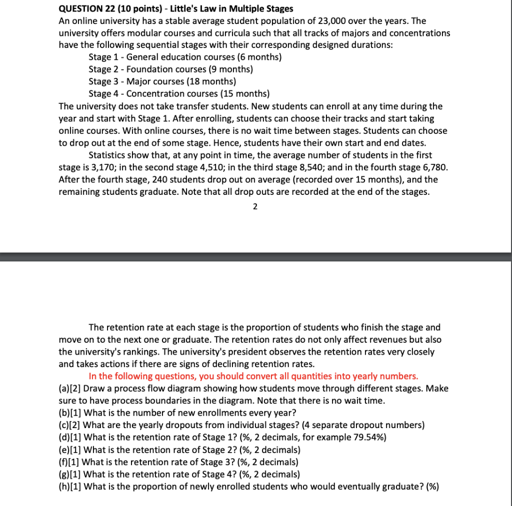 QUESTION 22 (10 points) - Little's Law in