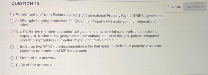 QUESTION 20 1 points Save Answer The Agreement on