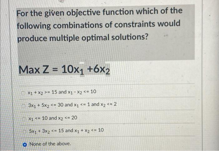 For the given objective function which of the