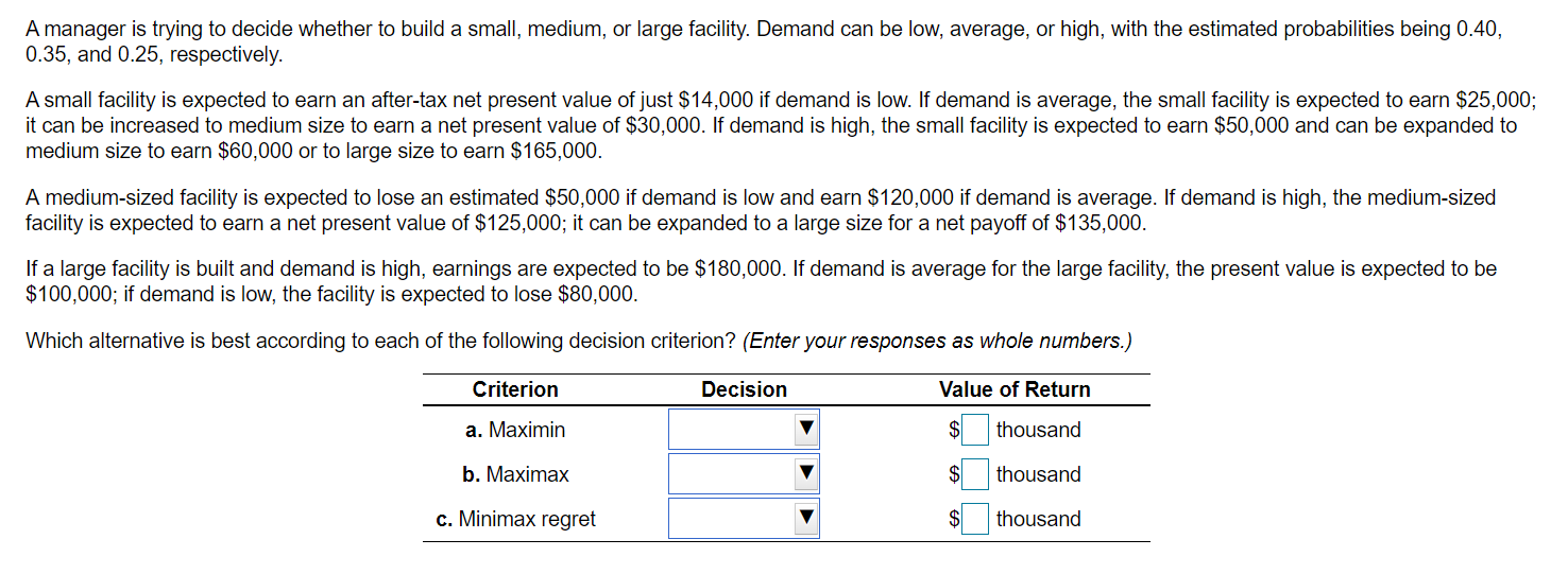 A manager is trying to decide whether to build a