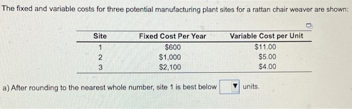 The fixed and variable costs for three potential