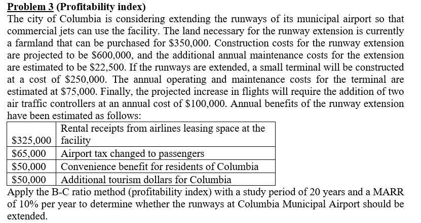 Problem 3 (Profitability index) The city of