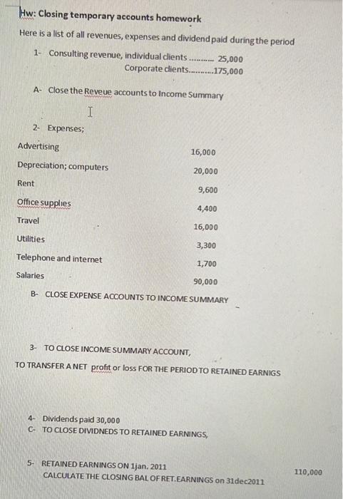 Hw: Closing temporary accounts homework Here is a