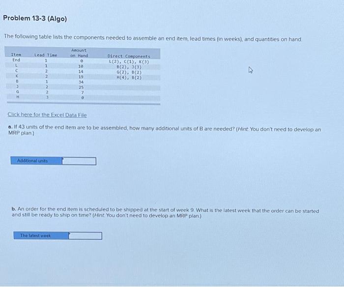 Problem 13-3 (Algo) The following table lists the