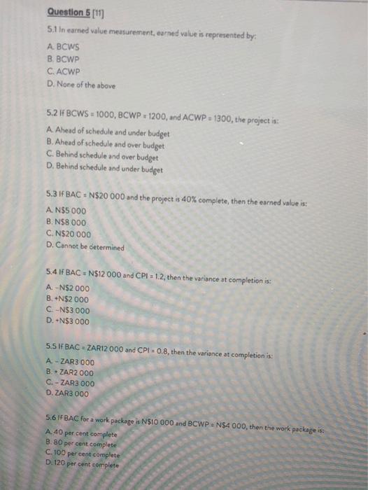project management Question 5[ 5.1 In earned