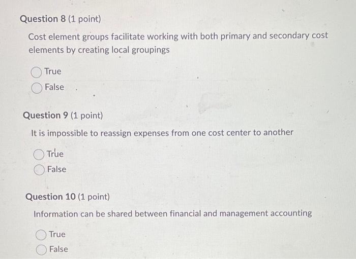 Question 8 (1 point) Cost element groups