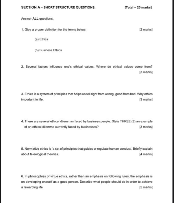 SECTION A - SHORT STRUCTURE QUESTIONS. [Total =